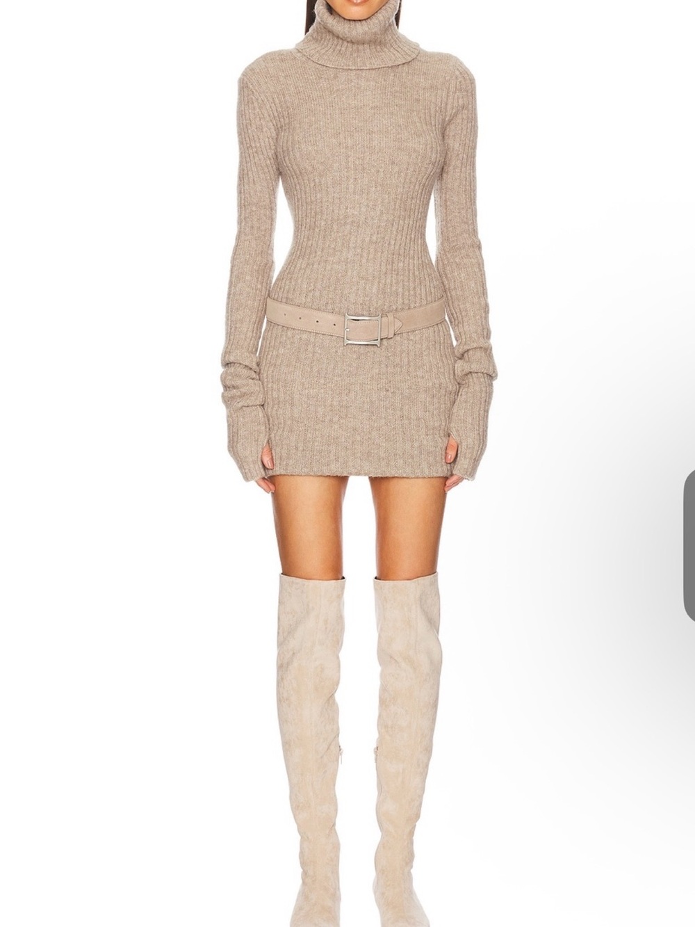 Ribbed Turtleneck Long Sleeve Sweater Dress in Taupe